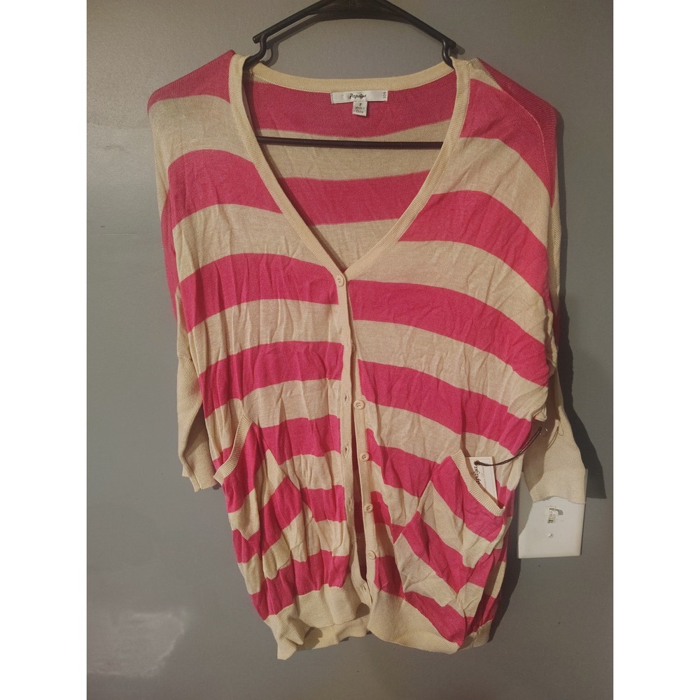 Papaya Pink Cream Striped Cardigan V-Neck Button Front Knit Sweater Small NWT